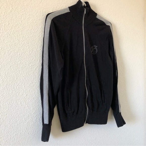 GUESS Black Gray Wool Blend Stripe sleeves Full Zip Sweater Women Small - Picture 3 of 8